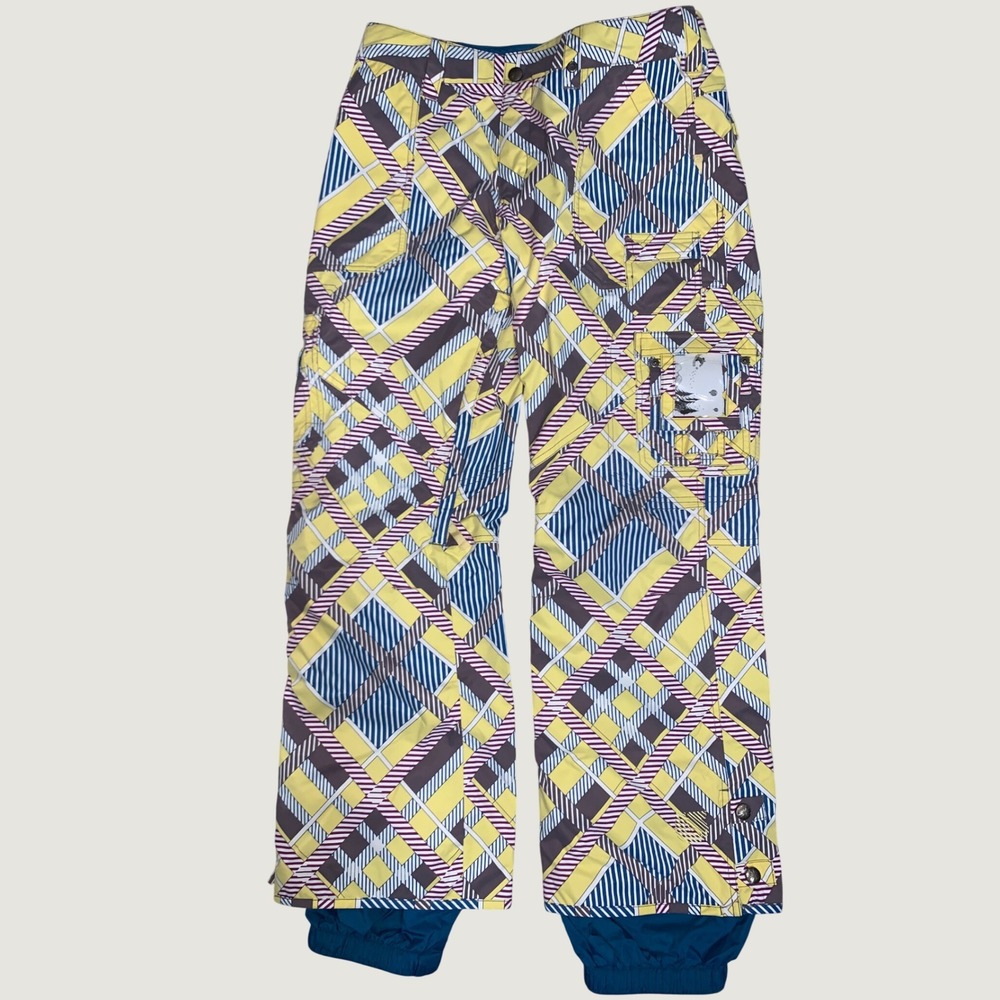 Burton DryRide Snowboard Pants Womens Medium Yellow Blue Geometric Plaid Snow